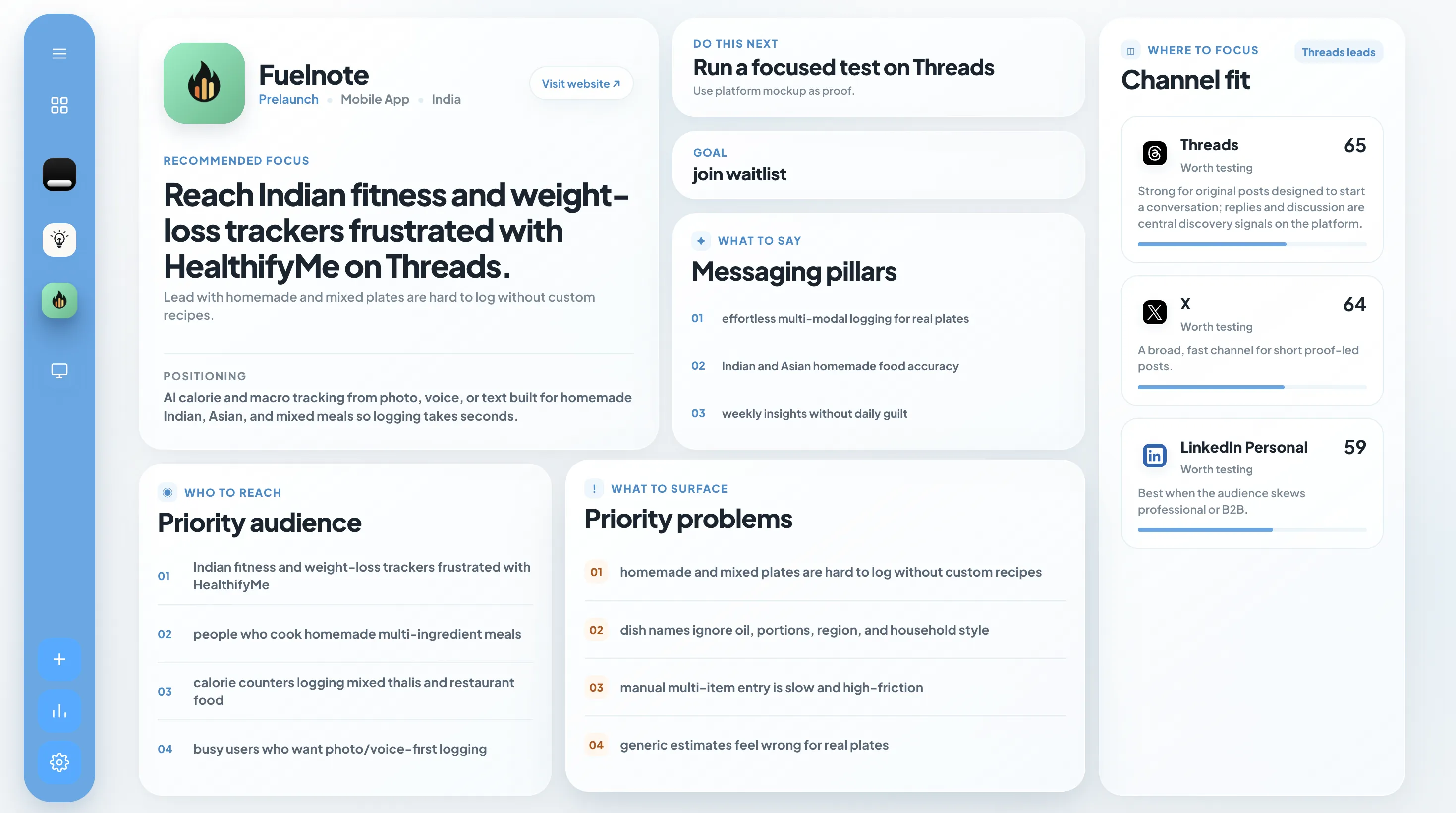 Northstar project profile showing recommended focus, audiences, problems and channel fit
